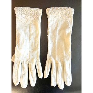 Vintage Elegant White Pearl Beaded Gloves Opera Length Bridal‎ Wedding Party